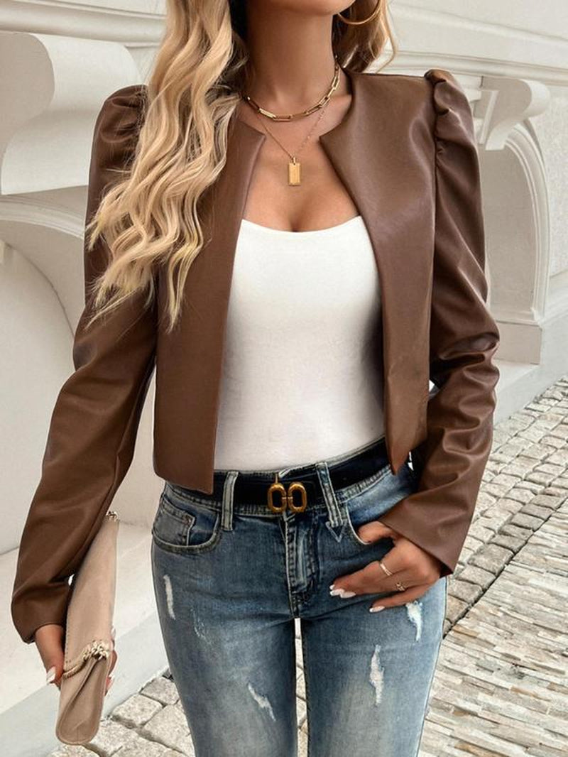 Women'S Solid Puff Sleeve Open Front Jacket, Elegant Fashion Long Sleeve Outerwear for Daily Outdoor Wear, Women Clothing for Fall & Winter
